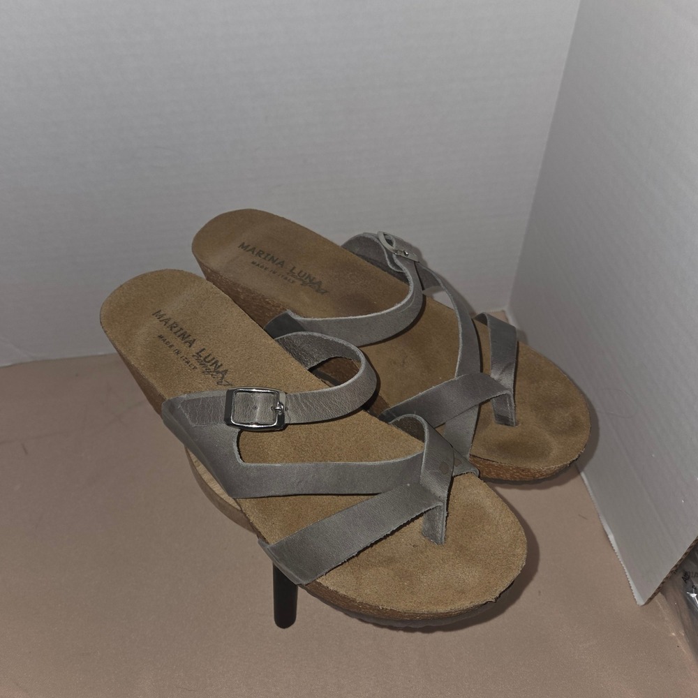 Marina Luna Comfort Gray Leather Wedge Sandals Made in Italy Cork Heel size 9?